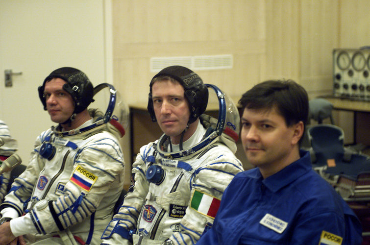 Last checks after Marco Polo crew dons spacesuit at Baikonour  (Thursday 25 April 2002)
